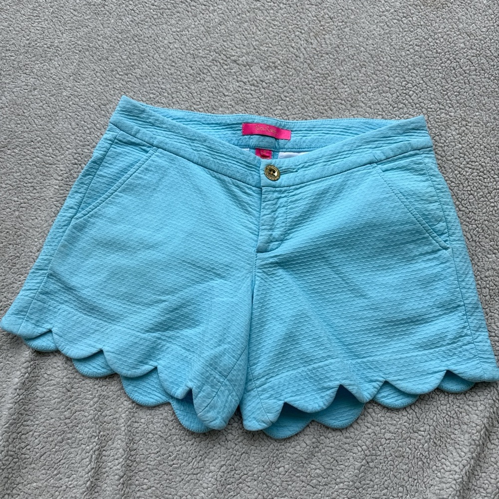 Lilly Pulitzer Aqua Scalloped-Hem High Waist Shorts